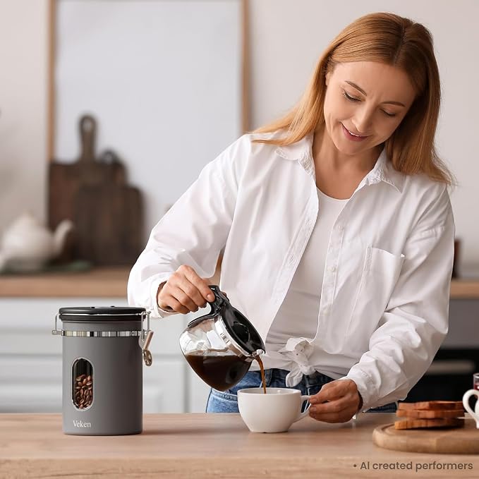 Veken Coffee Canister with Window, Airtight Stainless Steel Container, 22OZ | Date Tracker,Kitchen Food Storage Organizers for Beans, Ground, Espresso, Rice,Tea, Sugar,Cereal, Gifts,Lids,Jars, Scoop,Grey