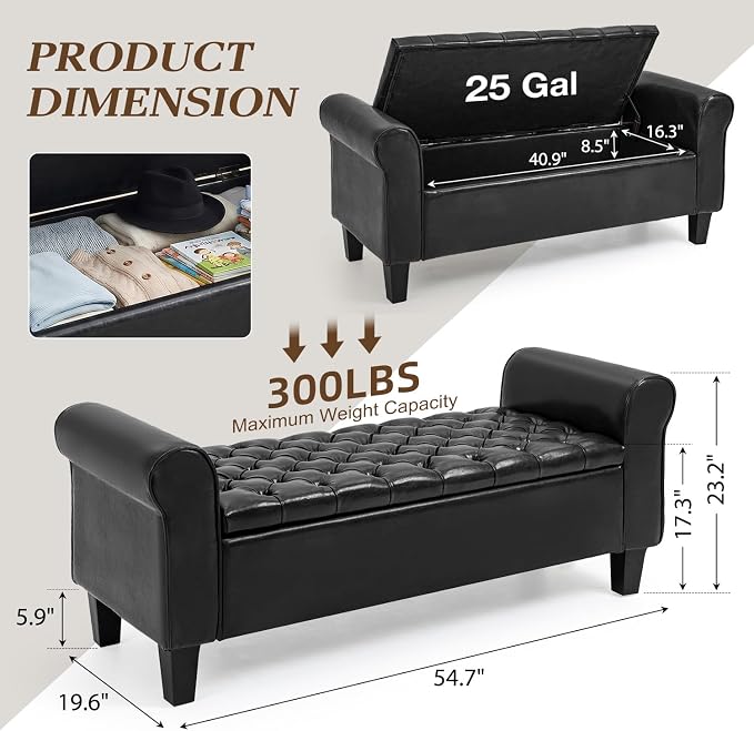 55" Storage Ottoman Bench for Living Room, End of Bed Bench with Rolled Arm Leather Ottoman with Storage Upholstered Entryway Bench Retro Style Footboard Bench for Bedroom, Black