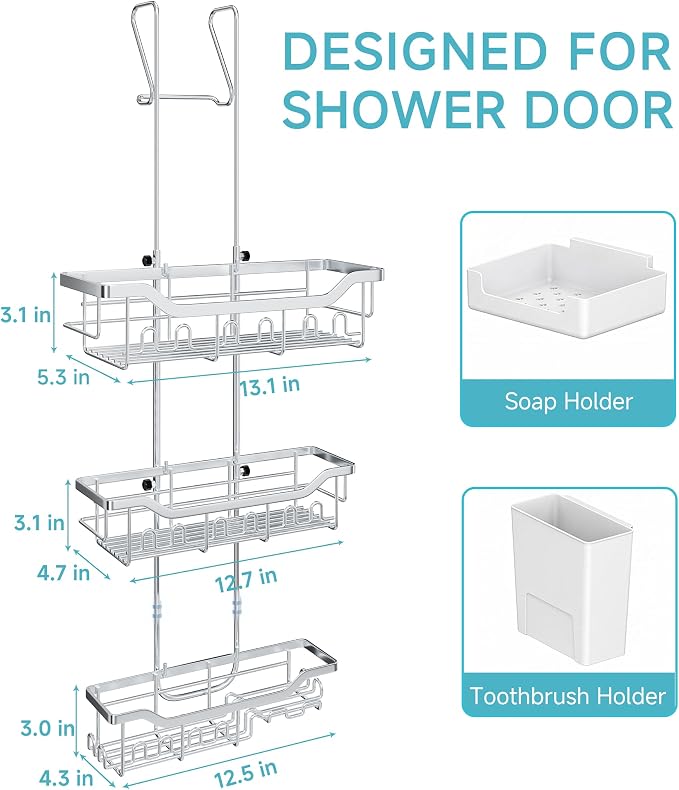 Shower Caddy Hanging Over the Door, Upgraded Extended Length Shower Organizer, 3 Tier Rustproof Bathroom Rack with Hooks Soap Holder, Silver