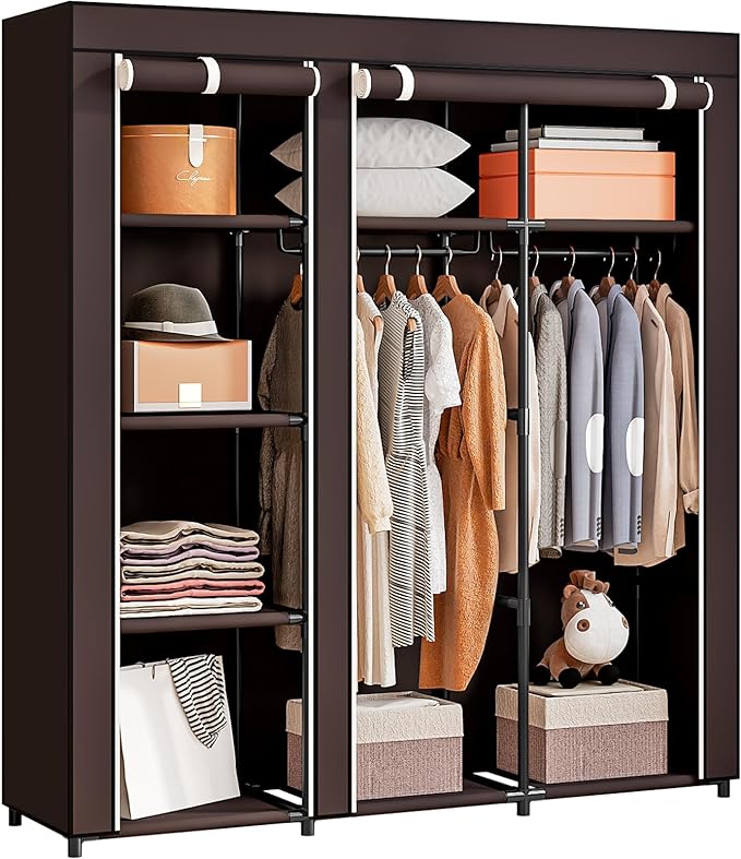 SORCEDAS Portable Closet Wardrobe with Hanging Rods Shelves Clothes Storage | 51 Inch Closet Organizers and Storage with Non-Fabric Cover,Freestanding Clothes Closet for Bedroom,dorm,Storage Rooms Coffee