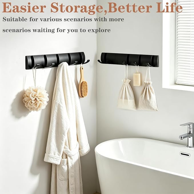 Folding Coat Hooks, Wall Mounted Coat Rack with 10 Retractable Hooks,Heavy Duty Towel Rack for Bathroom Wall Hook for Hanging Clothes Bathrobe, Stainless Steel Coat Hanger for Entryway(Black)