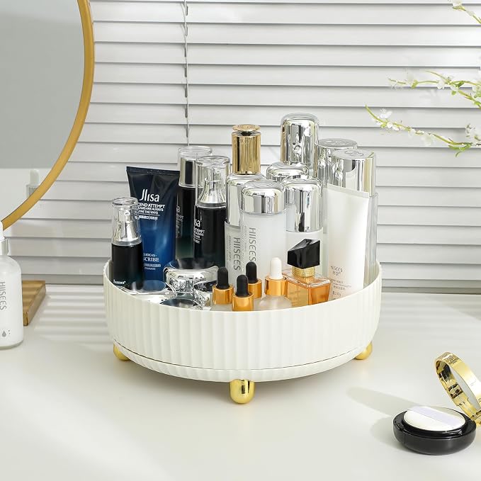 360 Rotating Makeup Perfume Organizer Skincare Tray, Large Ivory White | 360 Degree Spinning Lazy Susan Organizer Lotion Cosmetics Storage for Dresser, Vanity, Bathroom Countertop