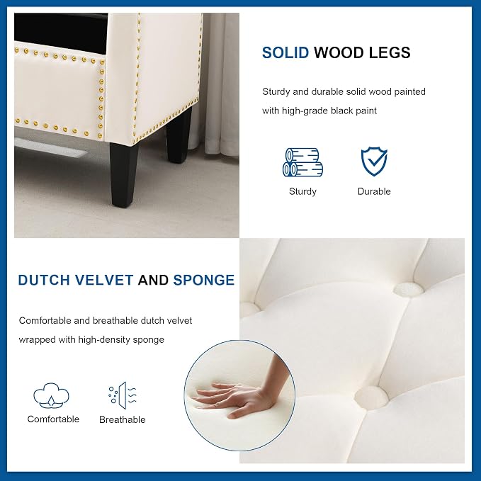 Storage Ottoman Bench, Velvet Upholstered Footstool for Bedroom and Living Room, Tufted Seat with Storage, Wooden Legs & Metal Rivets, Beige