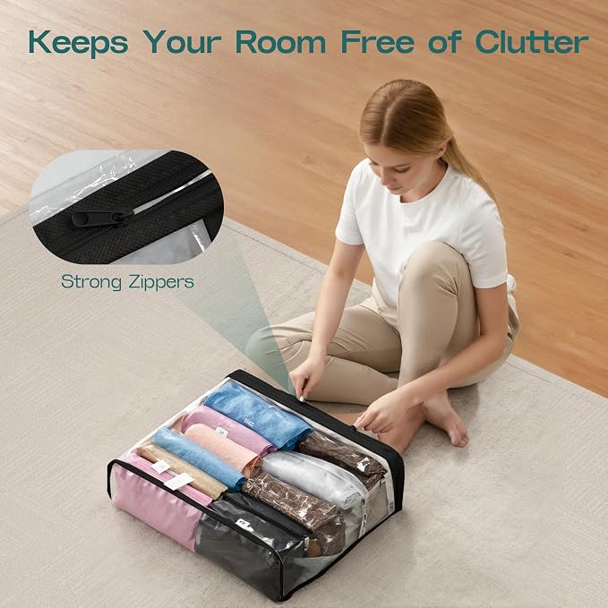 Under Bed Storage Bags Organizer, 22L Clear Storage Bags, Bags Organizer Clear Zipper Containers Bedroom, Storage Bag for Sweater, Clothes, Shoe Toy, Blanket, Sheet (Black,10PACK)