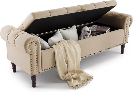 Storage Bench Ottoman, 61" Long King Linen Rolled Arm Bedroom End of Bed Bench, Window Bench with Button Tufted and Nailhead Trim for Foot of Bed Bench, Bedroom, Entryway, Living Room, Wheat
