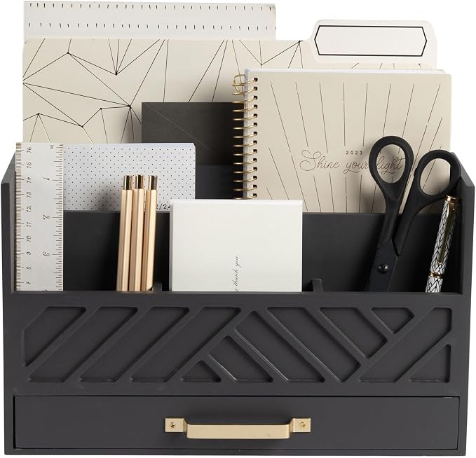 BLU MONACO | Wooden Mail Organizer with Drawer Gold Handle | Mail Sorter Organizer Countertop and Outgoing Mail Holder | Tabletop Organizer with Drawers Grey Desk Storage