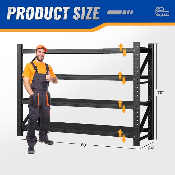 BYNSOE 60" W Storage Shelves 5000lbs Garage Metal Shelving Heavy Duty Garage Shelves Adjustable Storage Shelves for Industrial, Factory, (60" W X 24" D X 70" H)