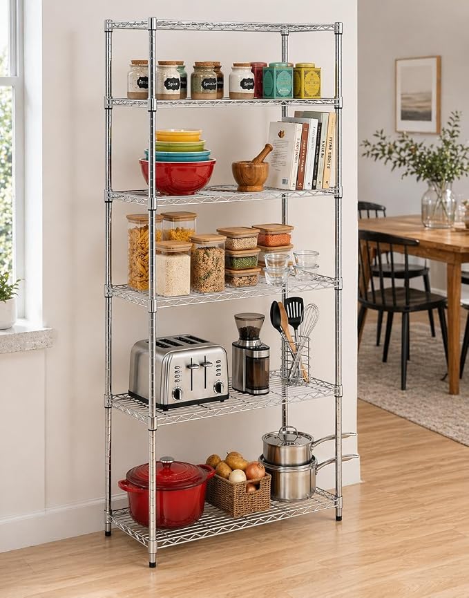 Honey-Can-Do 5-Tier Heavy Duty Adjustable Shelving Unit, 350-lb Per Shelf Metal Storage Rack, Chrome Wire Shelf for Garage Kitchen Basement Pantry, 36 x 16 x 72 in