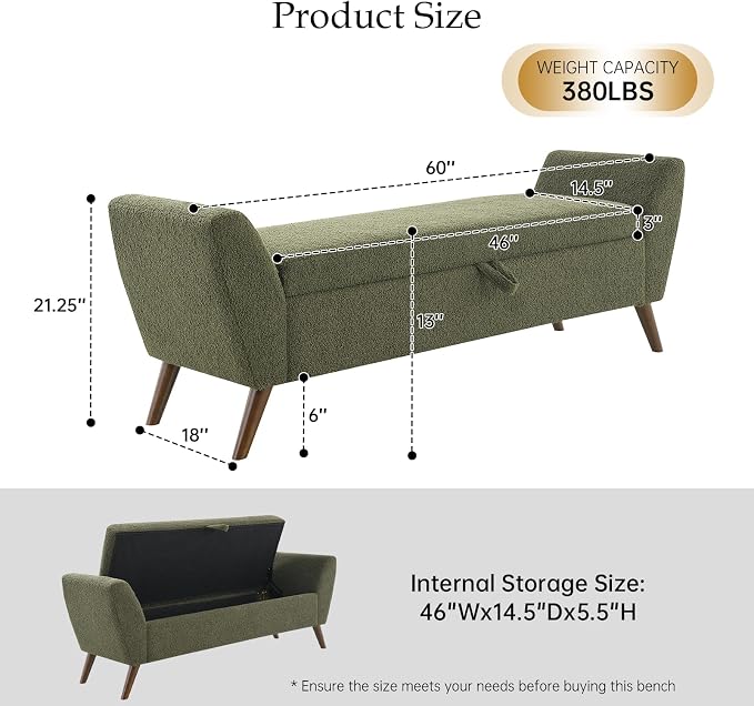 60" Storage Ottoman Bench, End of Bed Bench King Size Green | Solid Wood Legs, Large Hidden Storage, High-Resilience Foam, Teddy Fabric