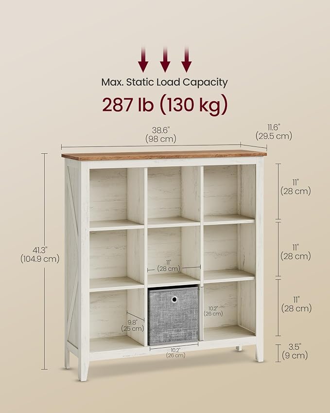 VASAGLE Liry Collection Farmhouse Bookcase, 9-Cube Storage Organizer with Legs, Adjustable Shelves, 38.6 x 11.6 x 41.3 in, for Home Office, Living Room, Cloud White and Warm Brown ULBC139W101S