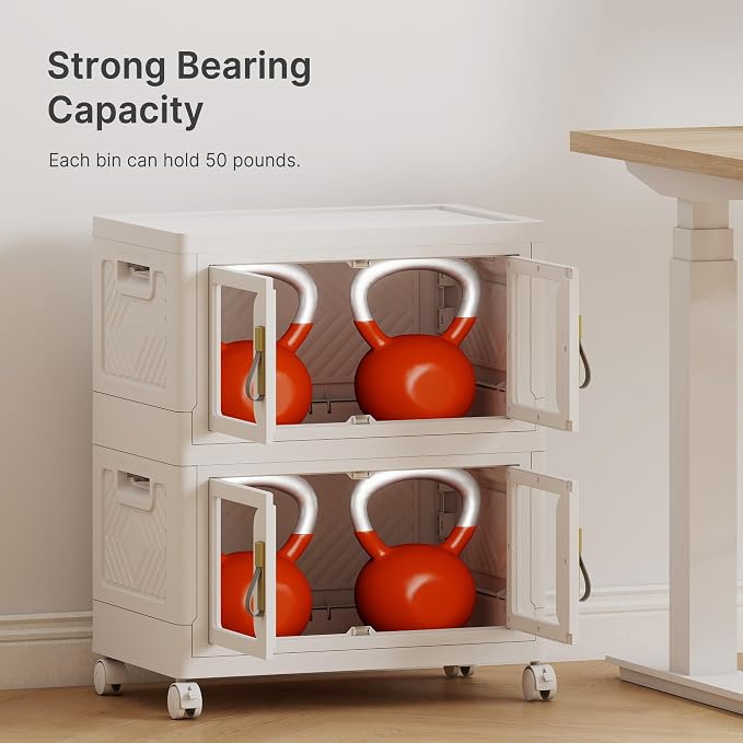 Stackable Storage Bins with Lids, 96QT Extra Large Storage Cabinets | Clear Doors, Foldable Storage Drawers, Heavy Duty, Collapsible Closet Organizers for Bedroom Office (2, White, 48, Quarts)