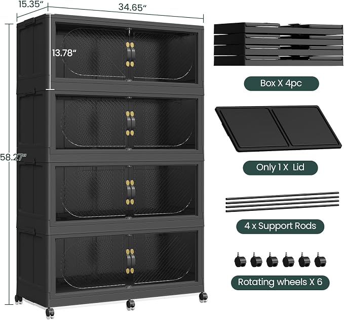 240GAL Plastic Storage Bins with Lid, 960QT Extra Large Stackable Closet Organizers and Storage, Collapsible Storage Boxes with Wheels, Folding Cabinet for Home Kitchen Office, 4Pack Black