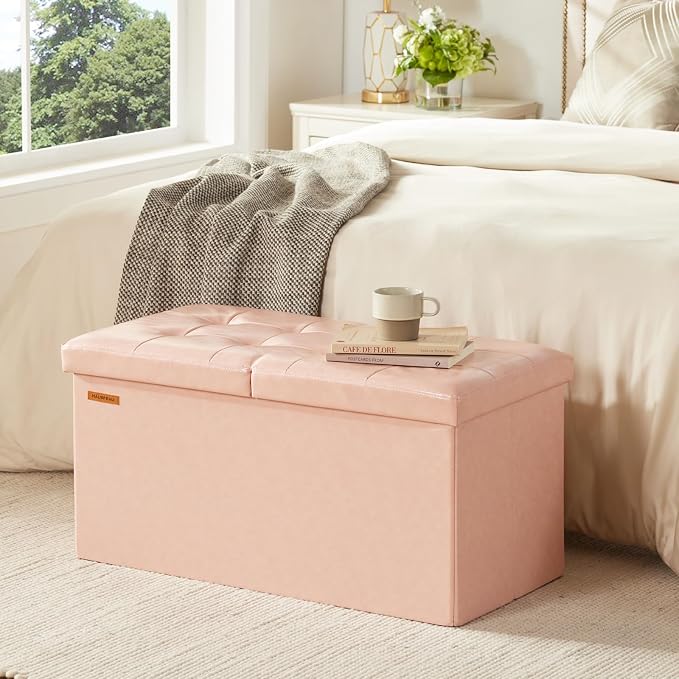 HAUSFRAU Ottoman with Storage Bench Folding Foot Rest Stool Pale Pink | 30", Flip Lid, Faux Leather, Upholstered Foldable Footrest Footstool, Bedroom Bench, Living Room Dorm Ottoman, Rectangle
