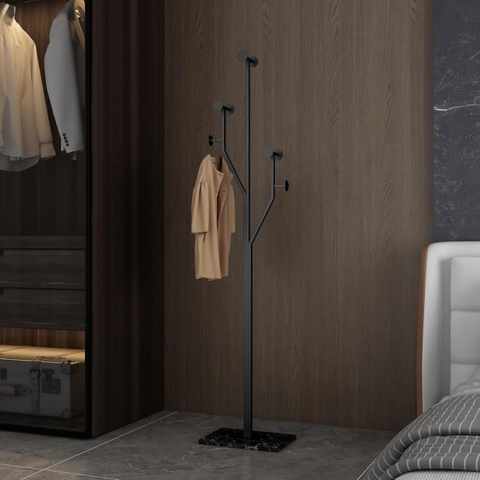 JIAYUEJU Freestanding Coat Rack Coat tree for Entryway Bedroom (Black) | Tree-shaped, Easy Assembly, Space Saver, Heavy Duty, Metal Frame, Marble Base, 8 Hooks, Living Room, Office, Corner