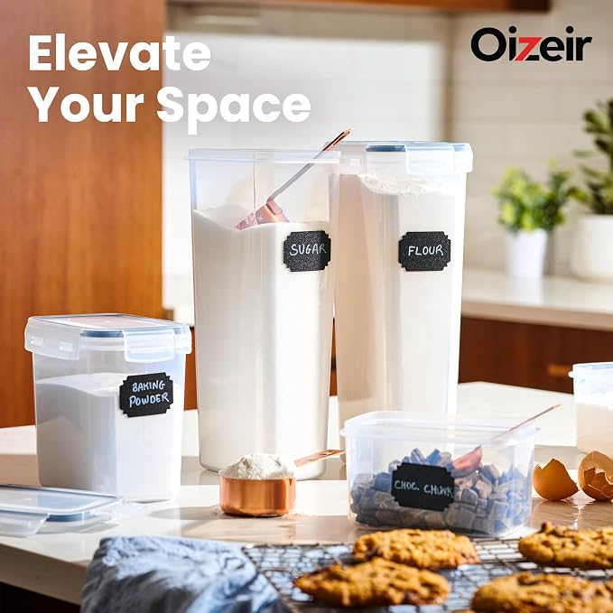Oizeir Airtight Food Storage Containers with Lids 24-Pack, Pantry Kitchen | 24-Pack BPA-Free Airtight Plastic Food Containers, Snap Lids for Pantry Kitchen, Flour Sugar Rice Cereal Pasta, Clear