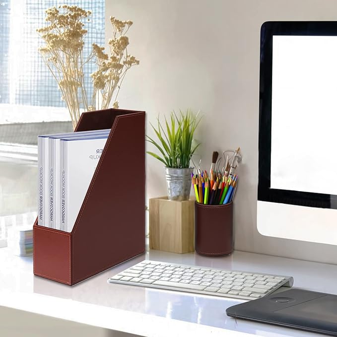 Office Supplies PU Leather 6-Piece Desk Organizer with Writing Pad, Letter Tray, File Folder Sorter, Pen Cup, Note Holder, Business Card Holder - Brown