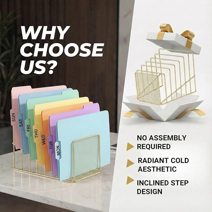 2 pcs Incline File Sorter, 7 Slot Magazine Holder for Letter, Document, Folder and Book, Metal Desktop Organizer Rack for Home, School and Office (2-gold)