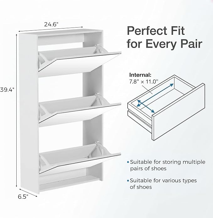 HOPUBUY Shoe Cabinet for Entryway, Narrow Shoe Storage with 3 Flip Drawers | Wood Slim Shoe Rack, 3 Tier Thin Shoe Organizer for Home and Apartment, Mirror