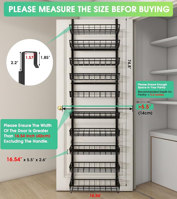 Mefirt 10-Tier Over The Door Pantry Organizer, 2 in 1 Wall Mount & Hanging | Pantry Organization and Storage, Black Metal Adjustable Basket, Wall Spice Rack Seasoning Shelves, Home & Kitchen Essentials