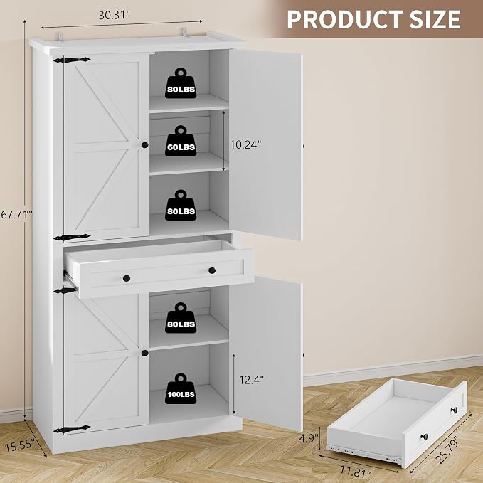 BORNOON Pantry Organizers and Storage Cabinet, 67.7” Barn Door White Kitchen Cabinet with Drawers and Adjustable Shelf, Tall Pantry for Kitchen, Dining Room, Living Room