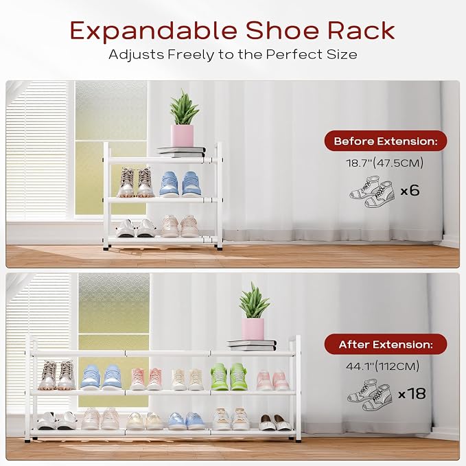 Bumusty 3 Tier Long Expandable Shoe Rack for Closet, White | 18"-44" Adjustable Shoe Rack for Entryway, Shoe Organizer for Dorm, Front Door, Sturdy Metal