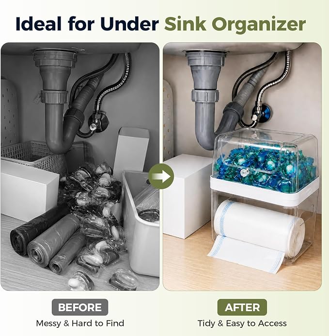 Trash Bag Dispenser & Dishwasher Pod Holder, 3-in-1 Trash Bag Holder Laundry Pods Container with Moisture-Proof Lid, Acrylic Garbage Bag Dispenser for Under Sink Organizer Laundry Room Organization