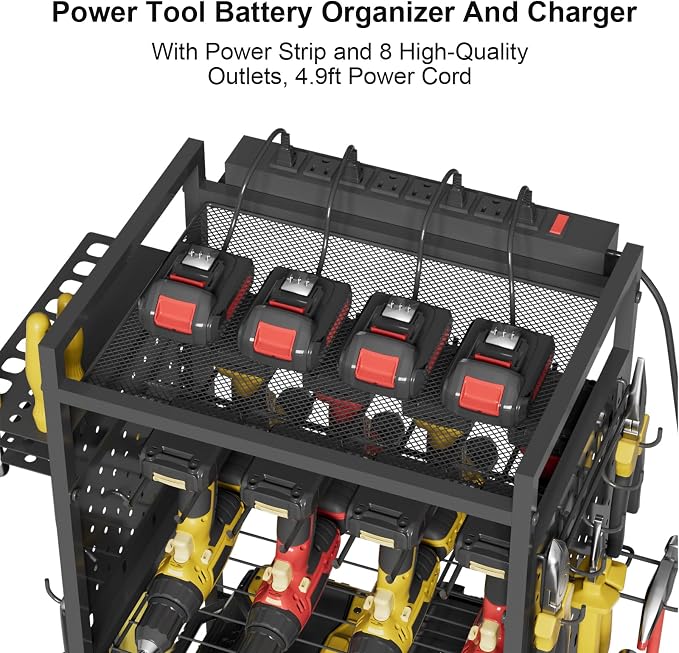 Power Tool Organizer Cart with Charging Station, Heavy Duty Garage Tool Organizer Rolling Tool Battery Storage with 8-Outlet Power Strip, a 4.9-FT Cord,4 Wheels, 2 Hanging Baskets,Hooks .Black