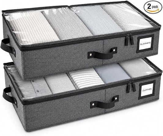 2pc Under Bed Storage Containers, Bedroom Under the Bed Drawer Storage Organizer with Bins and Lids, Large Underbed Clothes Storage Box Ideal for Blanket, Fabric, & Shoes (Dark Gray)