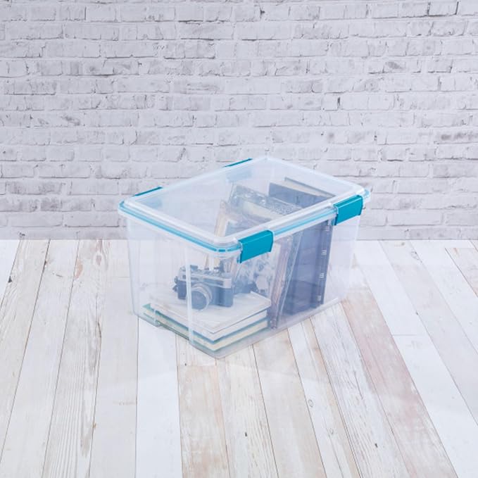 Sterilite Gasket Storage Box with Lids for Home & Office, 54 Quart, 8-Pack | Heavy-Duty, Stackable, and Organizing Containers for Bathroom, Cabinet, Closet, and Garage, Clear and Blue Aquarium Latches
