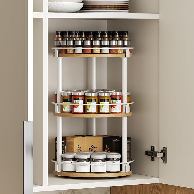 YATINEY 3-Tier Lazy Susan Organizer, Rotating Spice Rack, Spinning Organizer, Industrial Turntable Spice Rack Organizer for Cabinet, Kitchen Countertop, Pantry, White and Natural SR23WN