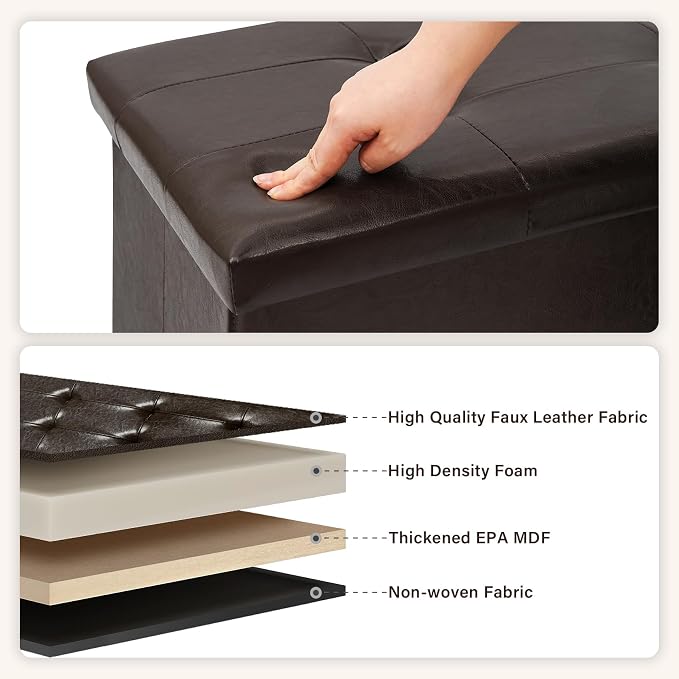 PINPLUS Folding Storage Ottoman Bench, Brown Faux Leather Long Storage Chest Footstool Seat, Bench for Bedroom and Hallway, 43.3"x15.7"x15.7"