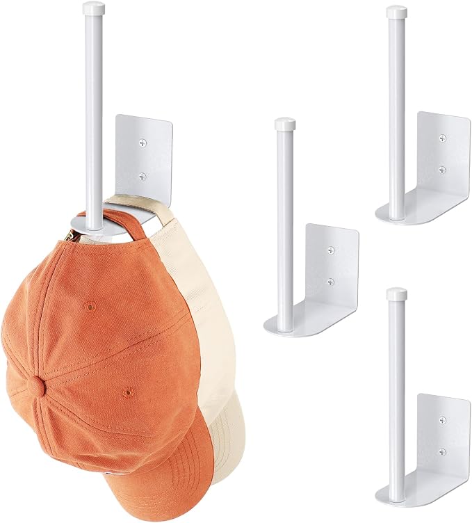 Durmmur Stainless Steel Hat Organizer, Hat Rack for Wall,Each Holds 15 Hats | 4P Strong Adhesive/Wall Drilled Hat Holder, Hat Hooks, Hat Hanger Baseball Cap Organizer for Door,Bedroom,Closet(White 6 in)