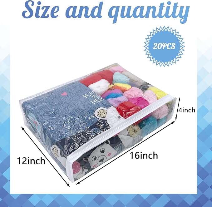 20Pcs Large Clear Vinyl Zippered Storage Bags With Handle - 16*12*4Inch Blankets Organizer for Sweater, Bed Sheet, Pillow - Plastic Bags With Zipper for Closet, Linen
