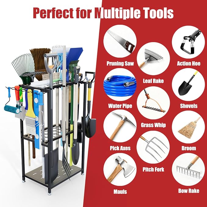 Faesun Garden Tool Organizer, 3-Tier Metal Yard Tool Rack with 14 Hooks & 5 Slots, Holds 50+ Rakes/Shovels/Brooms, Heavy Duty Freestanding Lawn Tool Storage for Garage Shed Outdoor Organization