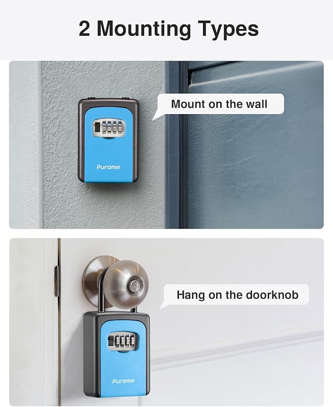 Puroma Lock Box, Large Key Lock Box Resettable Combination Code Lockbox, Portable Wall Mount Lockbox Security Safe Box for Outside Outdoor Home Office Door Handle House Key, Blue (1 Pack)