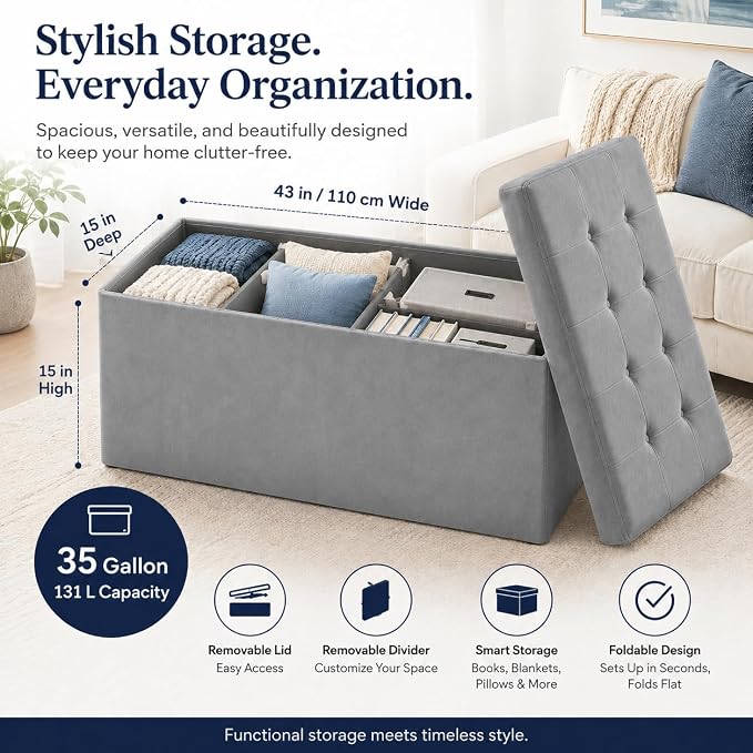 ALASDO 43 Inch Folding Storage Ottoman Bench with Hidden Storage, Velvet Storage Ottoman Foot Rest Stool, End of Bed Bench for Bedroom, Living Room, Entryway and Closet, Dark Gray