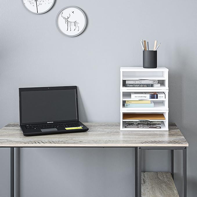 Ballucci File Organizer, 2-Tier Document Paper Sorter, Stackable Wood Desk Organizer Mail Holder, Monitor Stand with Storage Shelves, White