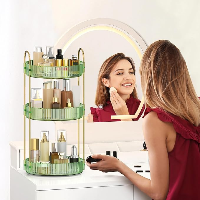MOKANI 360 Rotating Makeup Organizer for Vanity, 3 Tier Perfume Organizer | Adjustable Multi-Function Spinning Cosmetics Skincare Storage for Bedroom, Dresser, Countertop, Green