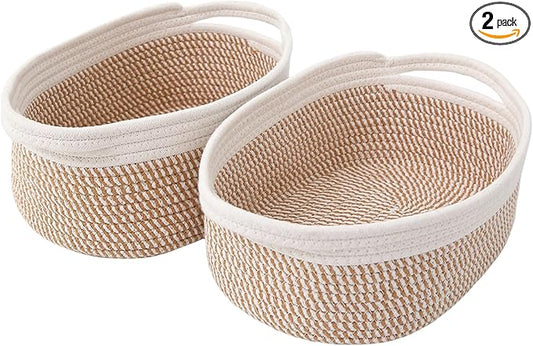JMvicyroam Small Woven Basket, Empty Gift Basket, White&Brown Block/2 Pack | Small Gift Basket, Cotton Rope, 12 x 8 x 85 in, Handles, Includes Ribbon and Bag, Birthday Gift Basket