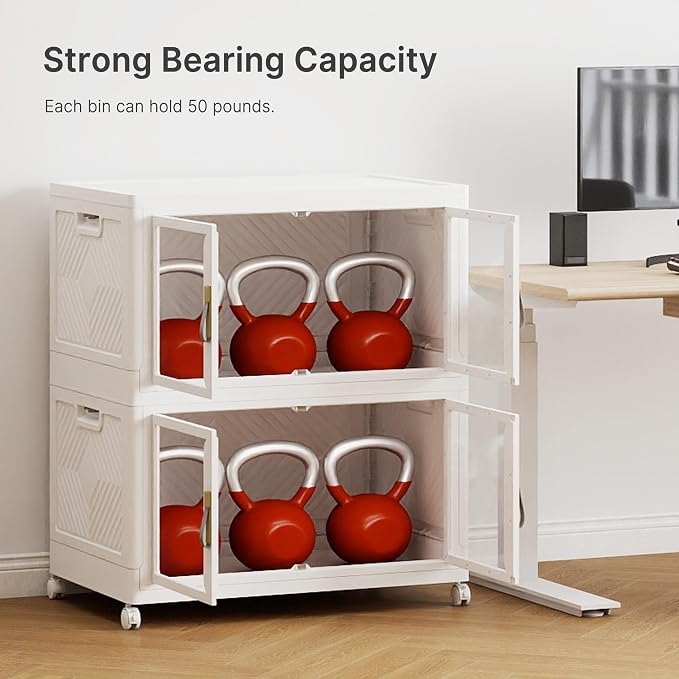 Stackable Storage Bins with Lids, 360QT Extra Large Storage Cabinet | Clear Doors, Foldable Storage Drawers, Heavy Duty, Collapsible Closet Organizers for Bedroom Office (2, White,180, Quarts)