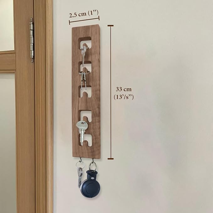 Vertical Wall Mounted Key Holder for Entryway – Narrow Wooden Key Rack with Hooks, Space Saving Organizer for Small Spaces, Solid Wood Rustic Design