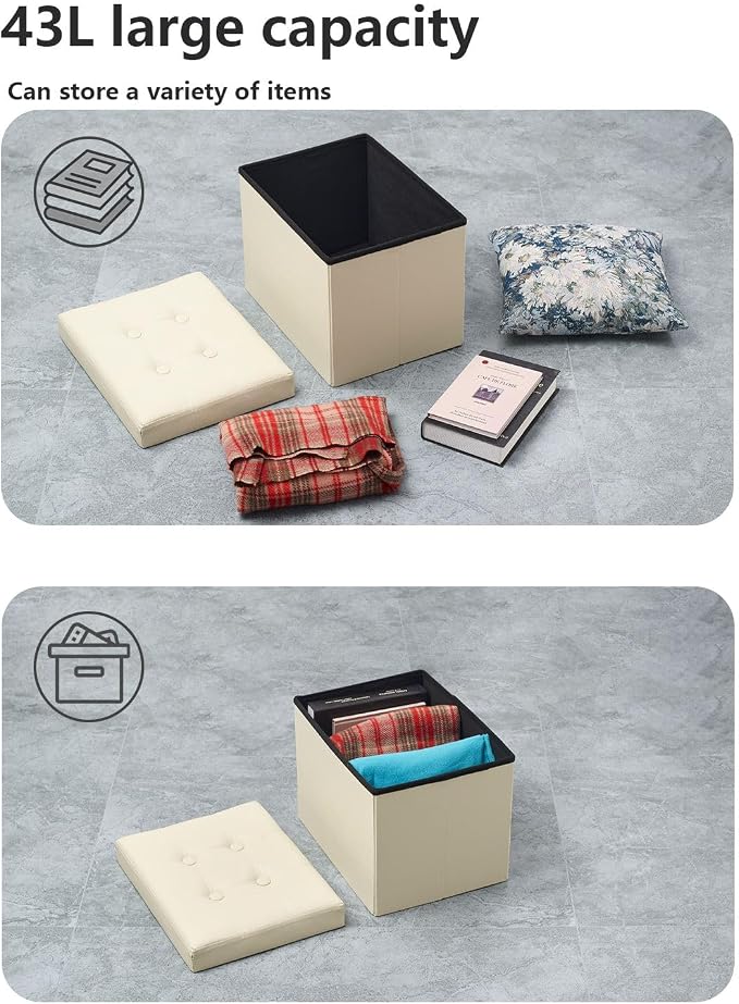 Bsketa Storage Ottoman, Folding Foot Stool with Thicker Foam Padded Seat Small Leather Storage Ottoman Bench Foot Rest for Living Room Foldable Coffee Table 17x13x13in,Beige | Ottoman with Storage, Thicker Foam Padded Seat, Living Room, Dorm, Bedroom, ...