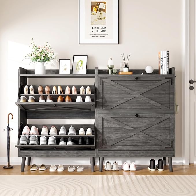 YZ HOME Shoe Storage Cabinet with 2 Flip Drawers | Entryway Shoe Cabinet, Metal Hooks & Adjustable Shelves, Freestanding Narrow Shoe Rack for Hallway Foyer, Grey