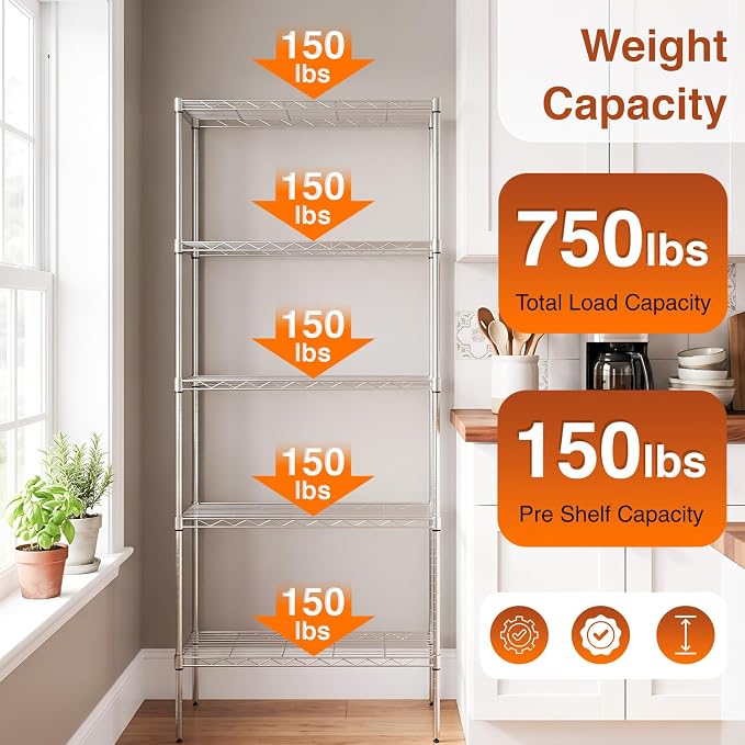 BestOffice | 5-Tier Wire Shelf | 14" x 24" x 60" | Chrome | Storage Shelves with Adjustable Racks, Holds upto 750 lbs | Rust-Resistant, No-Tool Assembly | For Home, Garage