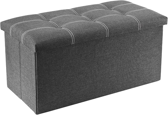 YOUDENOVA 30" Linen Ottoman with Storage, Folding Bench, Gray | Foldable linen ottoman with hidden storage, padded seat and sturdy frame for living room or bedroom.