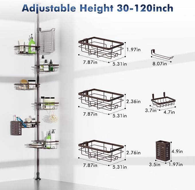 Corner Shower Caddy Tension Pole, Bathroom Organizer and Storage for Shower | Adjustable 30-120 Inch Shelves, 6-Tier Shelf, Rustproof Towel Bar & Soap Dish &Toothbrush Holder Shower Rack
