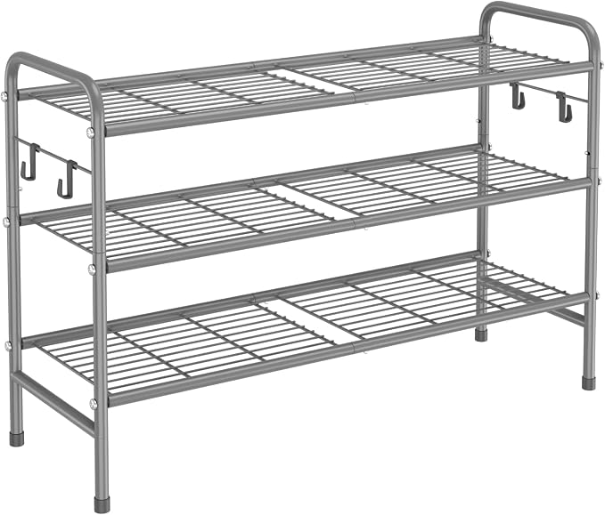 VILICK 3 Tier Shoe Rack 33" Wide Metal Shoe Organizer Long Shoe Storage with 4 Side Hooks Sturdy Shoes Shelf for Front Door Entrance, Closet, Garage, Dorm, Grey