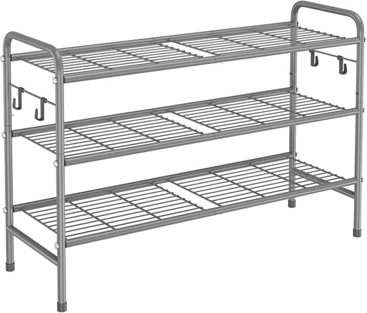 VILICK 3 Tier Shoe Rack 33" Wide Metal Shoe Organizer Long Shoe Storage with 4 Side Hooks Sturdy Shoes Shelf for Front Door Entrance, Closet, Garage, Dorm, Grey