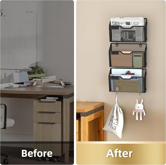Docnest 3 Pack Mesh Wall File Holders with Hooks for Mail, Black | Space-saving vertical design with utility hooks. Ideal paper document organizer for office, home, and school