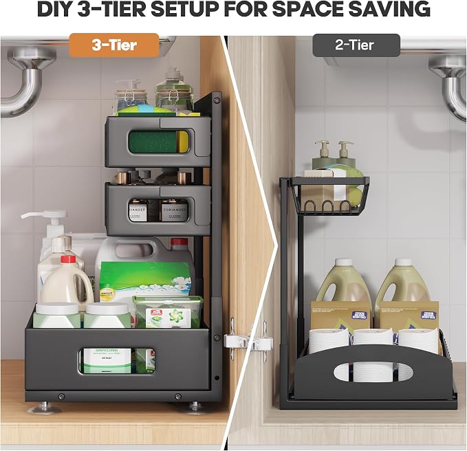 2 Pack Under Sink Organizer,Pull Out Cabinet Organizer with Smooth Cylindrical Rail,Metal Slide Out Drawer for Kitchen Bathroom Laundry Cabinet,8-Level Tool Free Height Adjustable-Black